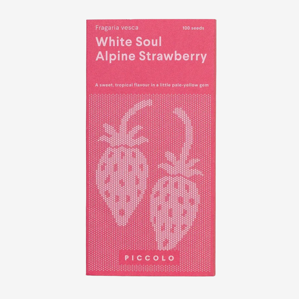 Pink packet of White Soul Alpine Strawberry seeds with white strawberry illustration on a beige background