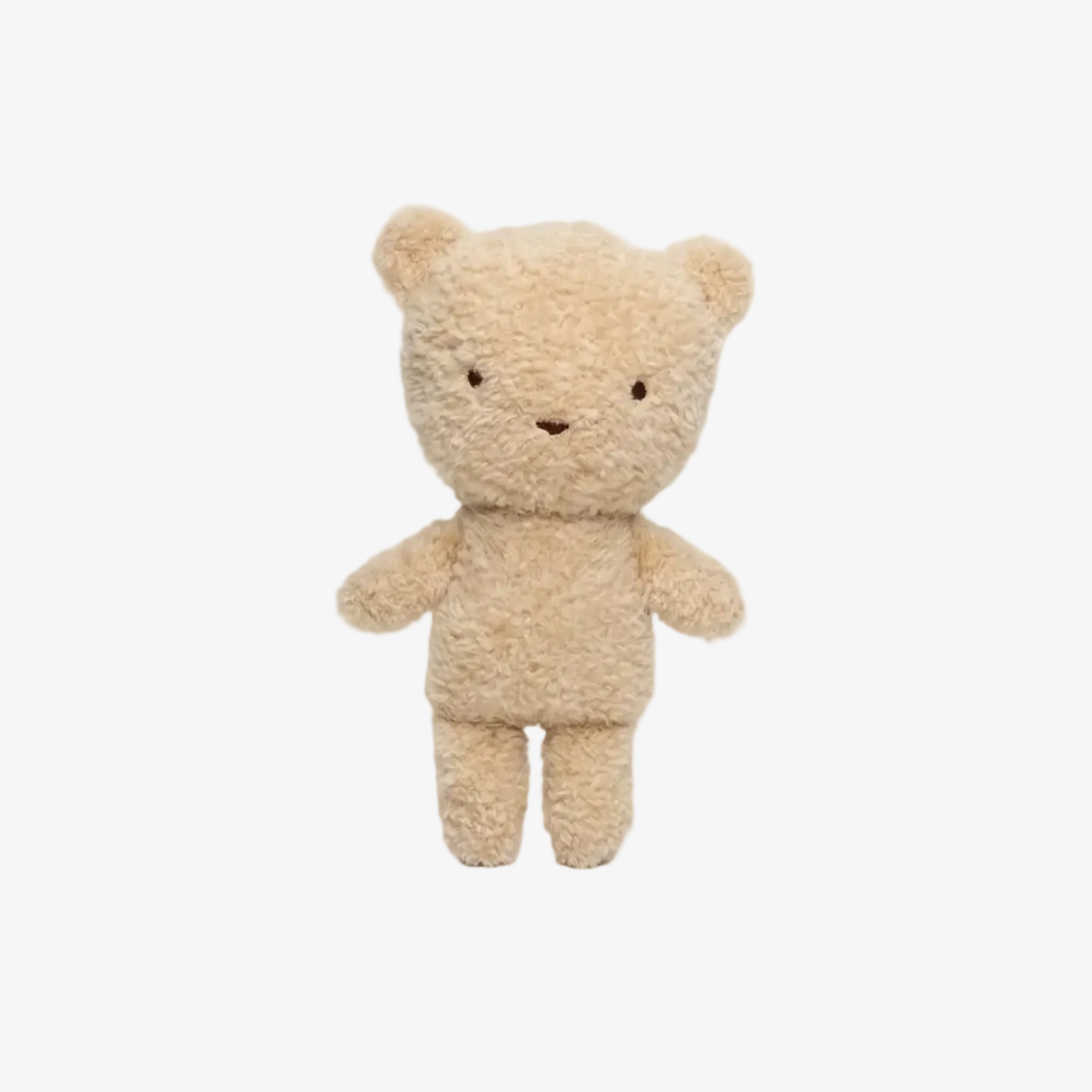 Small beige teddy bear plush toy on a white background