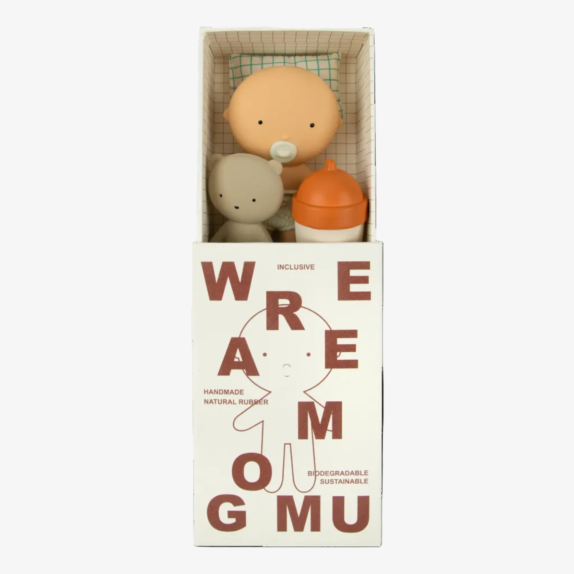 Two stuffed animals in a box with 'WREAMONGMU' branding on a white background