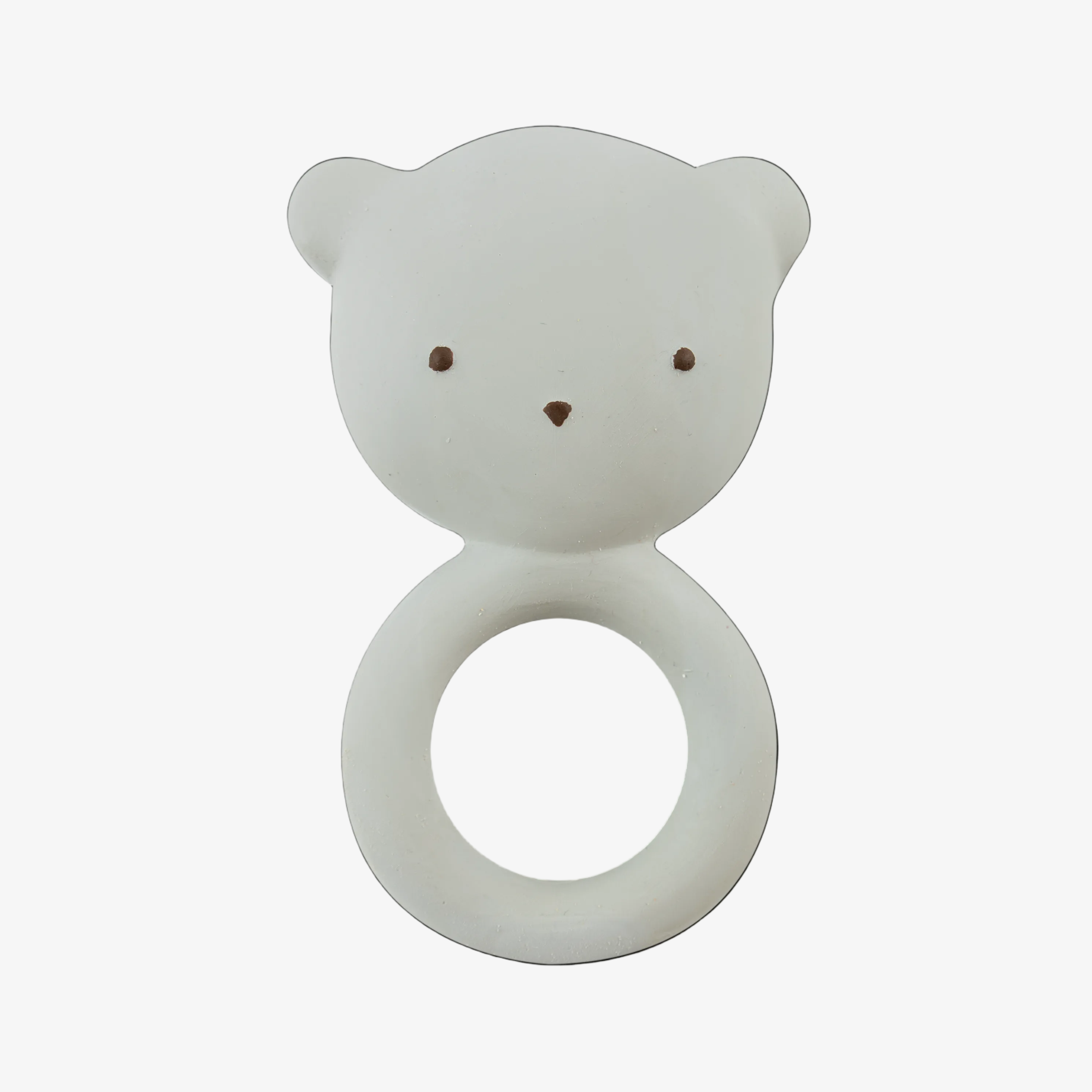 Grey silicone baby teether with a bear head design and a ring handle, featuring small brown embroidered eyes and nose, set against a plain white background.