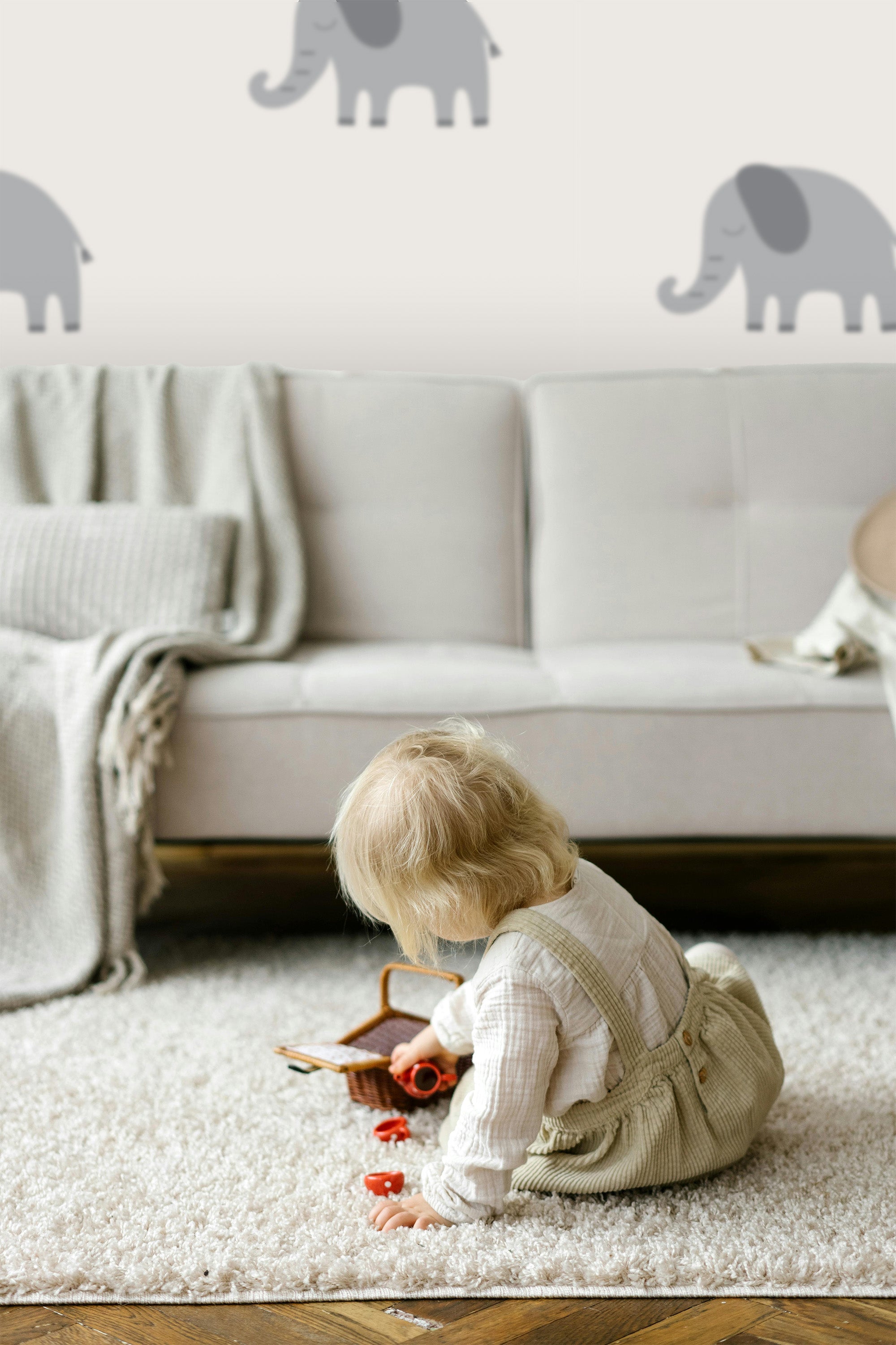 Stenska tapeta za otroško sobo Slončki, siva