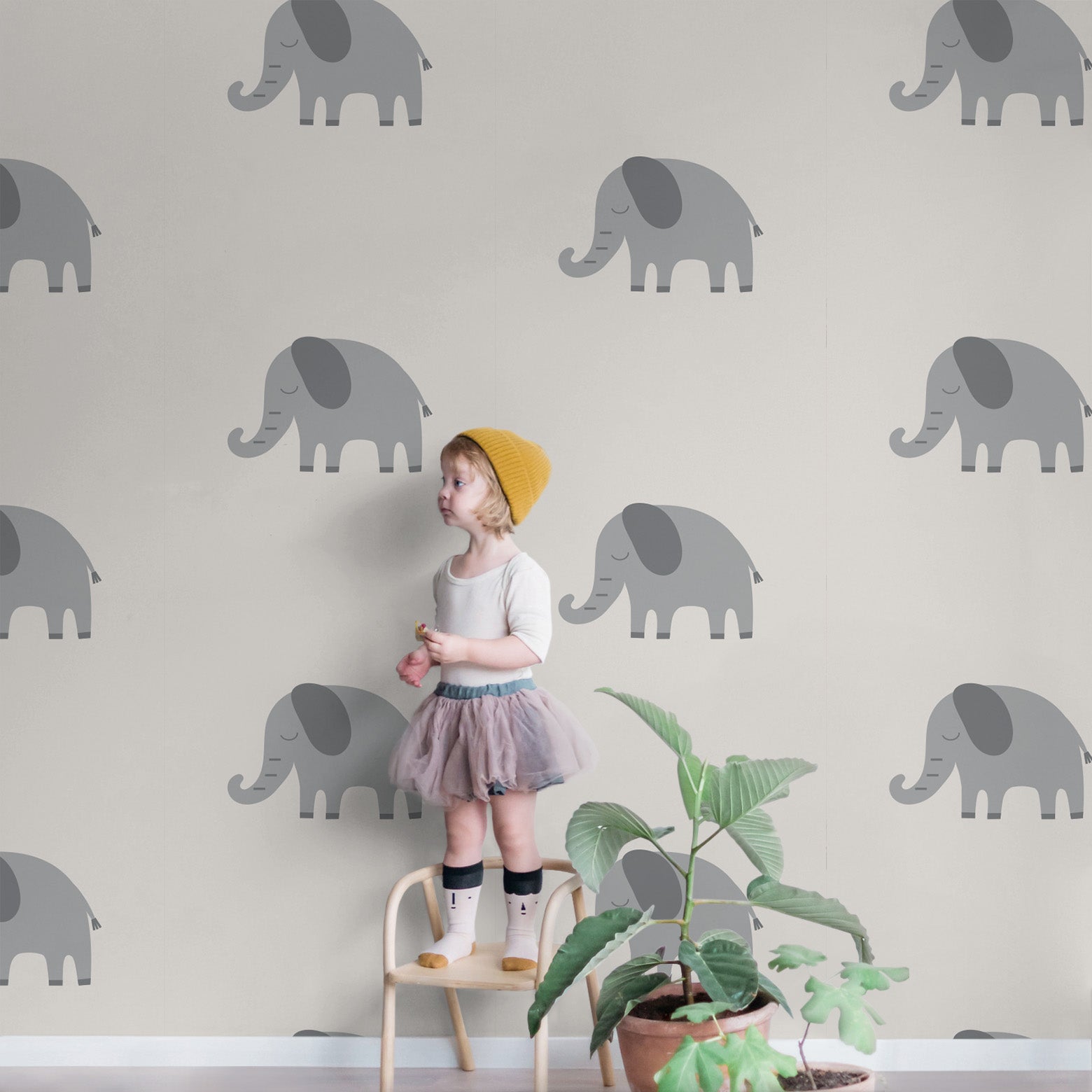 Stenska tapeta za otroško sobo Slončki, siva