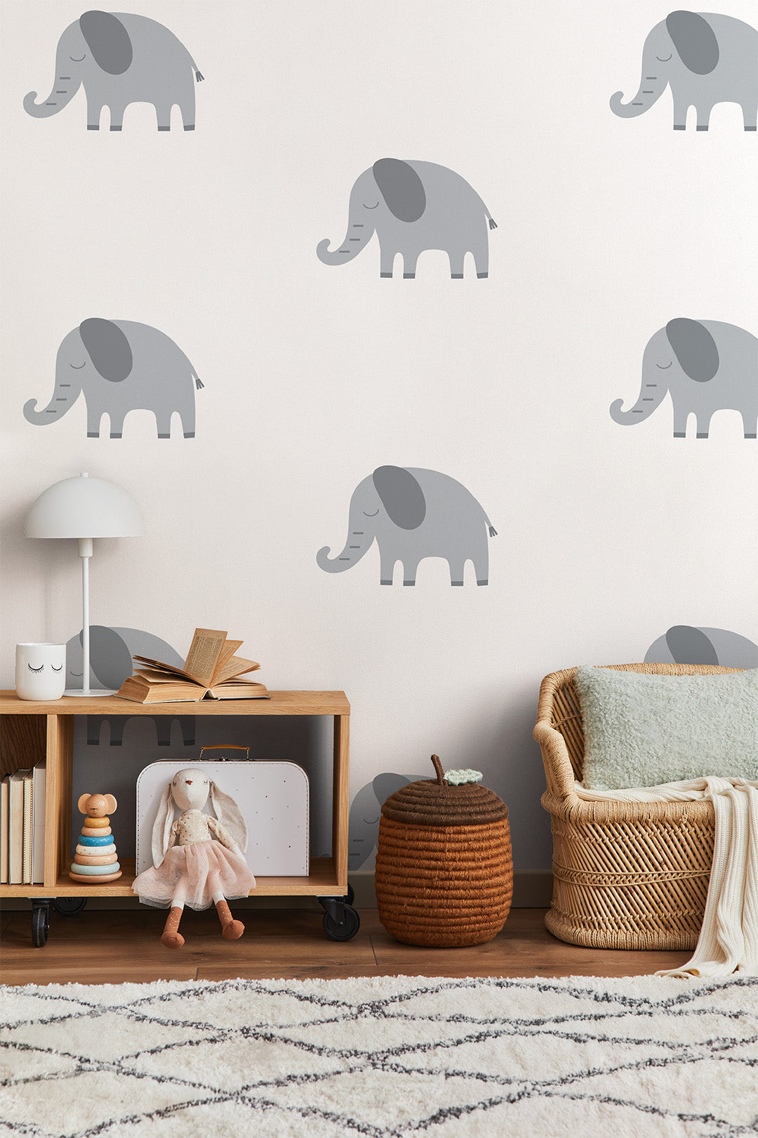 Stenska tapeta za otroško sobo Slončki, siva