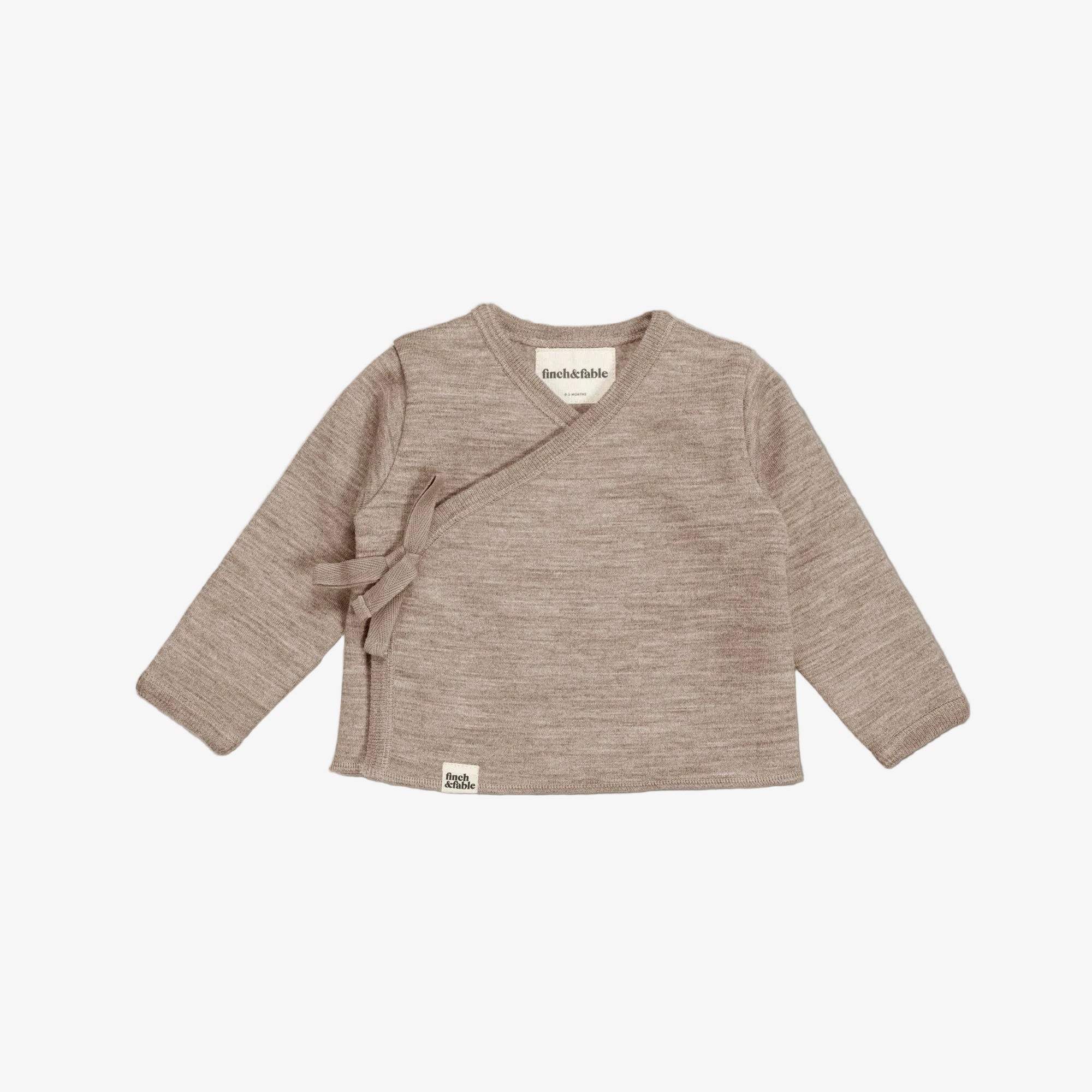 Baby wrap sweater in brown on a light gray background 