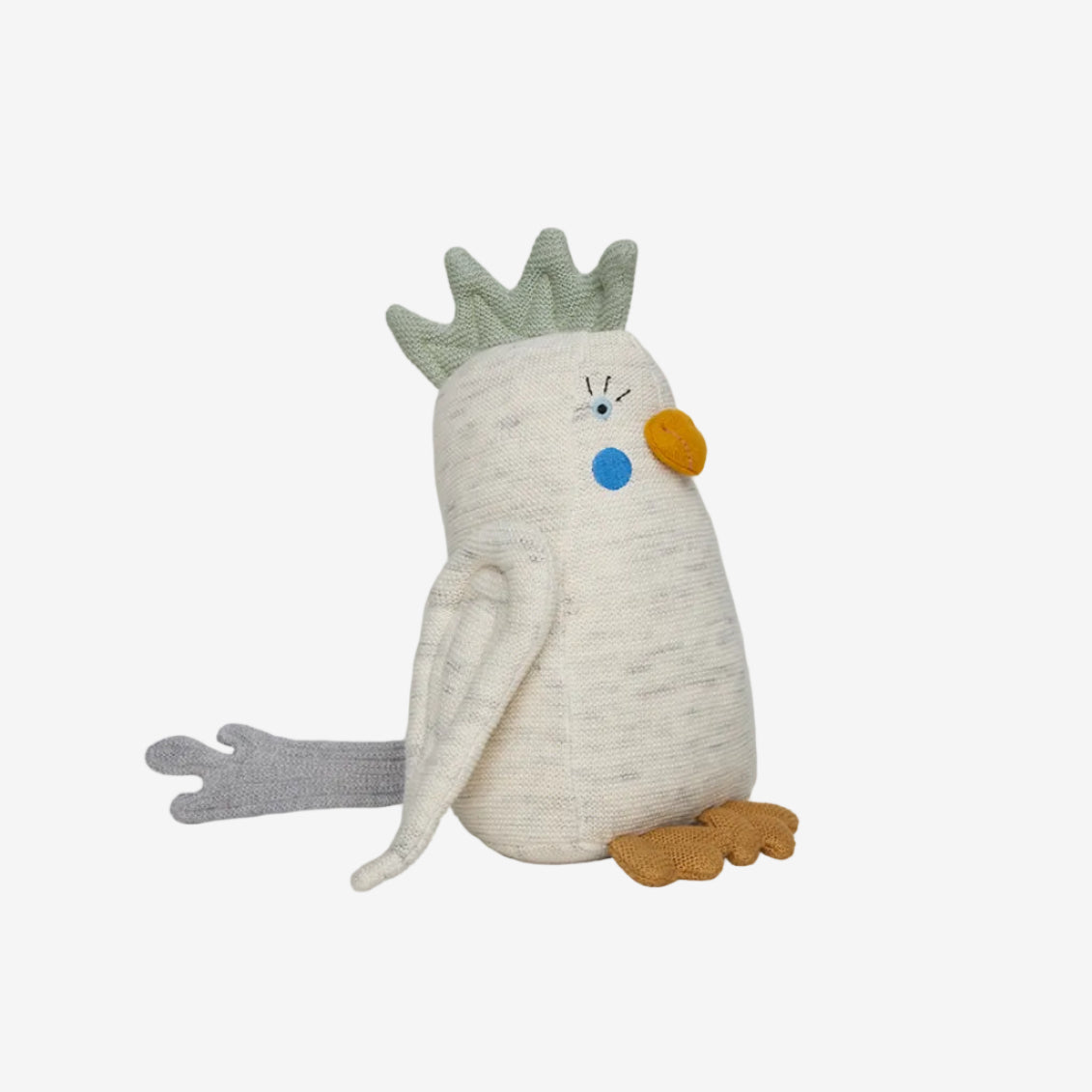 Stuffed toy resembling a bird with a crown on a white background
