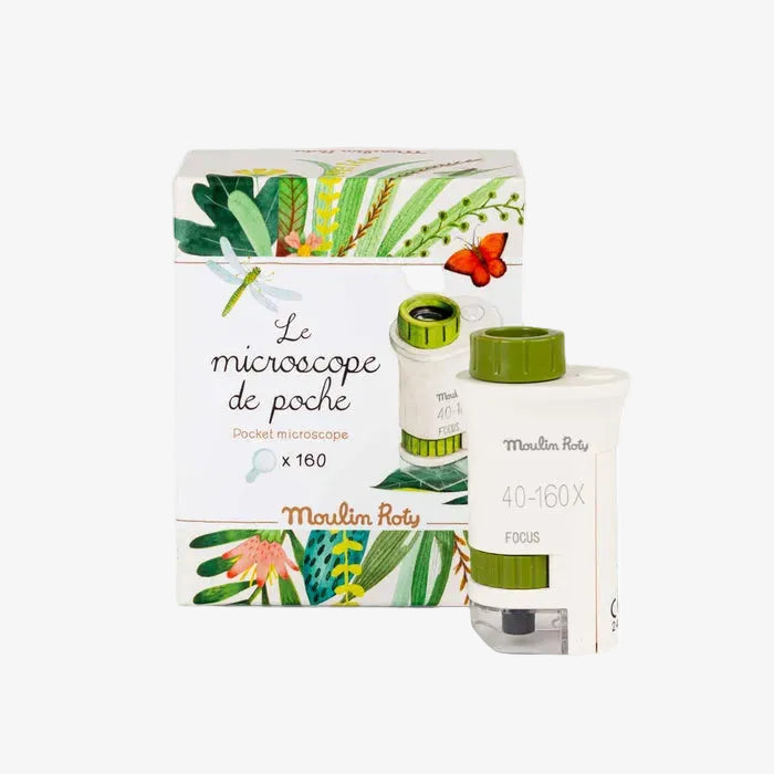 Pocket microscope set with colorful packaging featuring nature-themed illustrations on a white background.