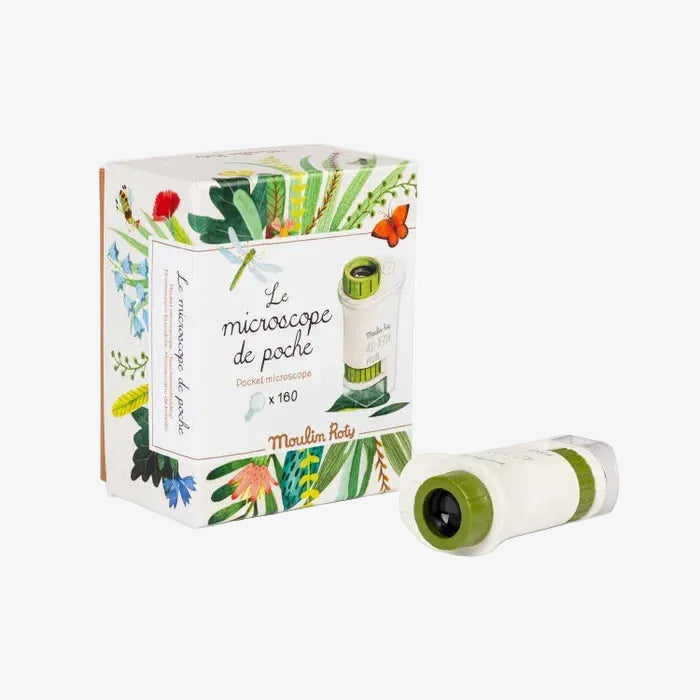 Microscope set with packaging featuring botanical illustrations on a white background