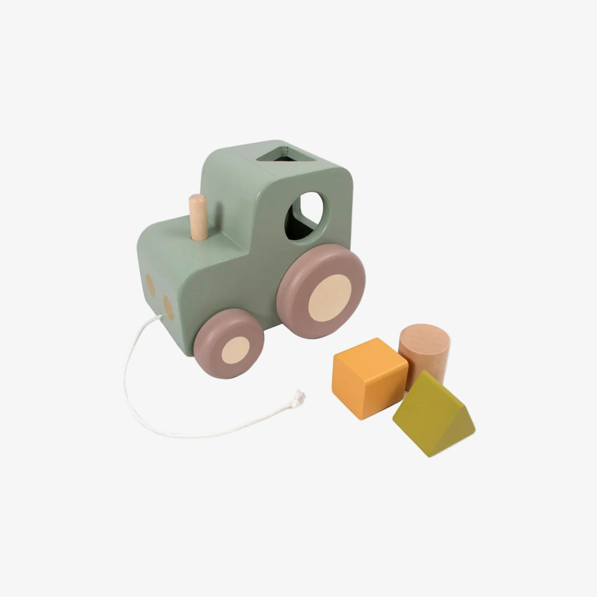 Wooden toy truck with colorful blocks on a white background
