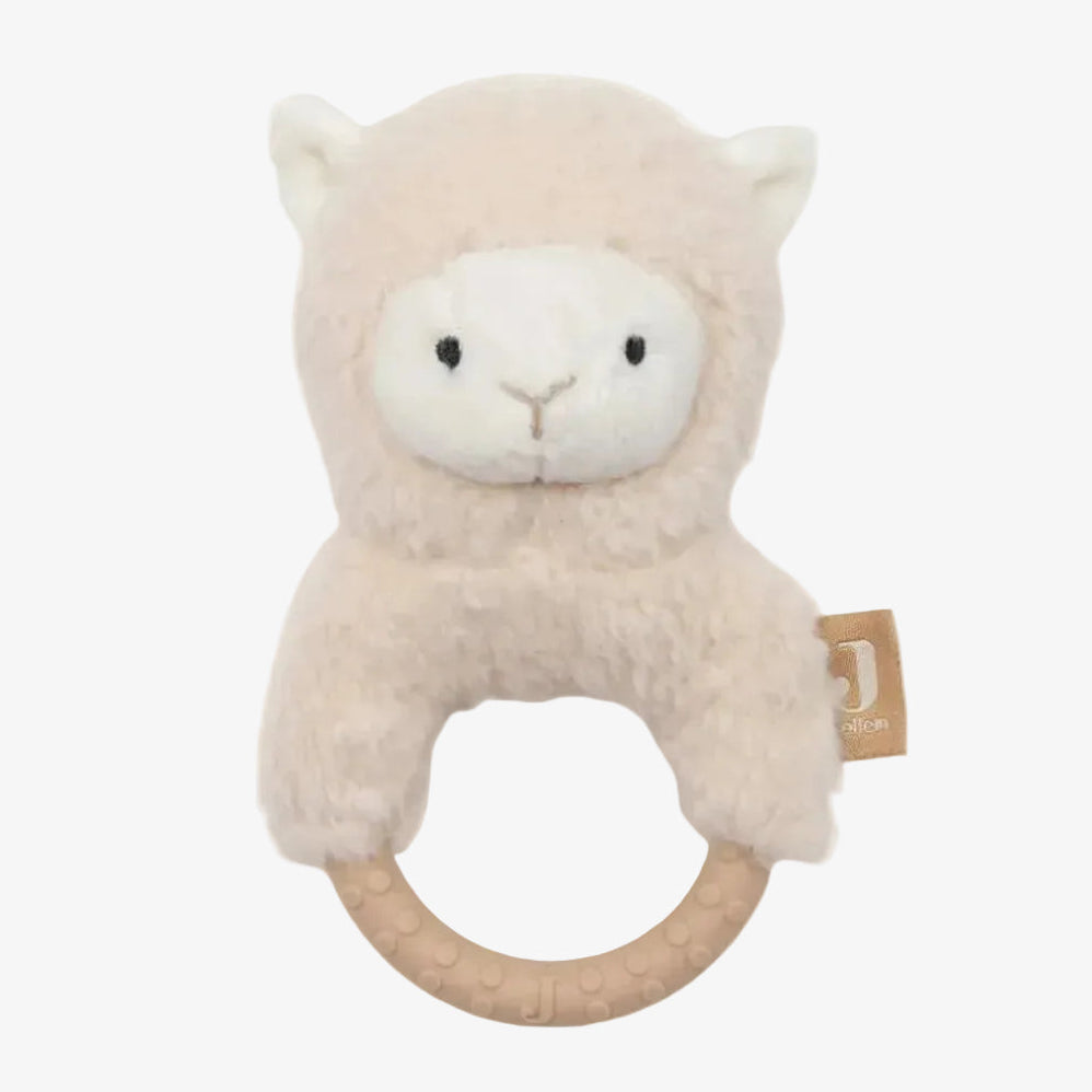 A plush llama baby teether toy with a soft cream-colored body, a white face, and a natural wood ring handle, shown on a solid white background.