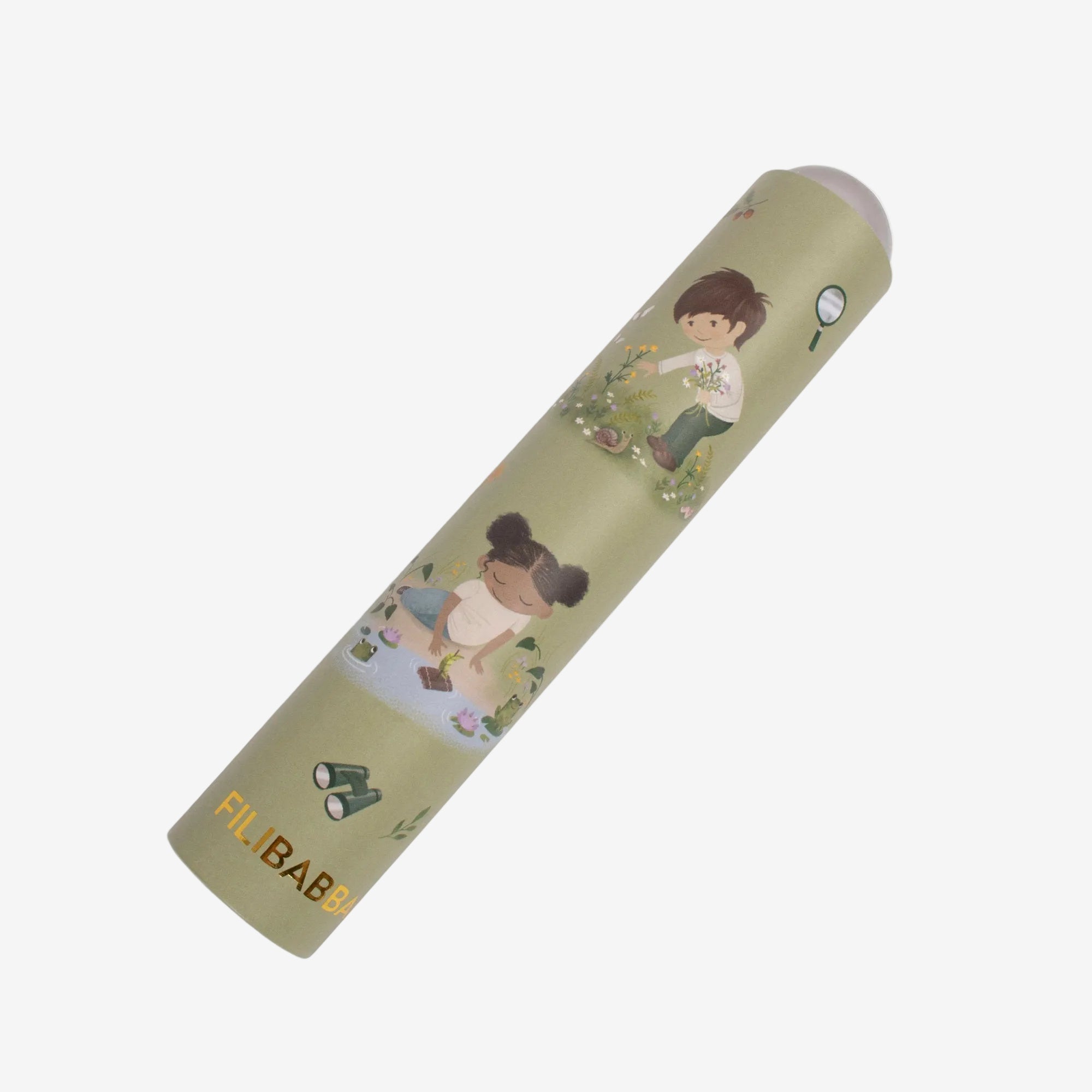 Green cylindrical product with illustrations of children playing on a white background
