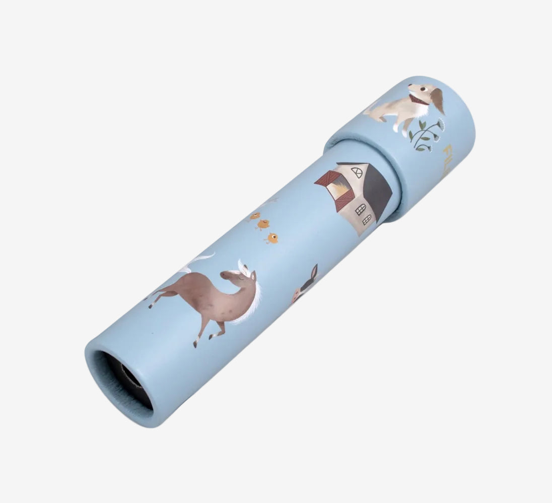Light blue cylindrical object with animal illustrations on a white background