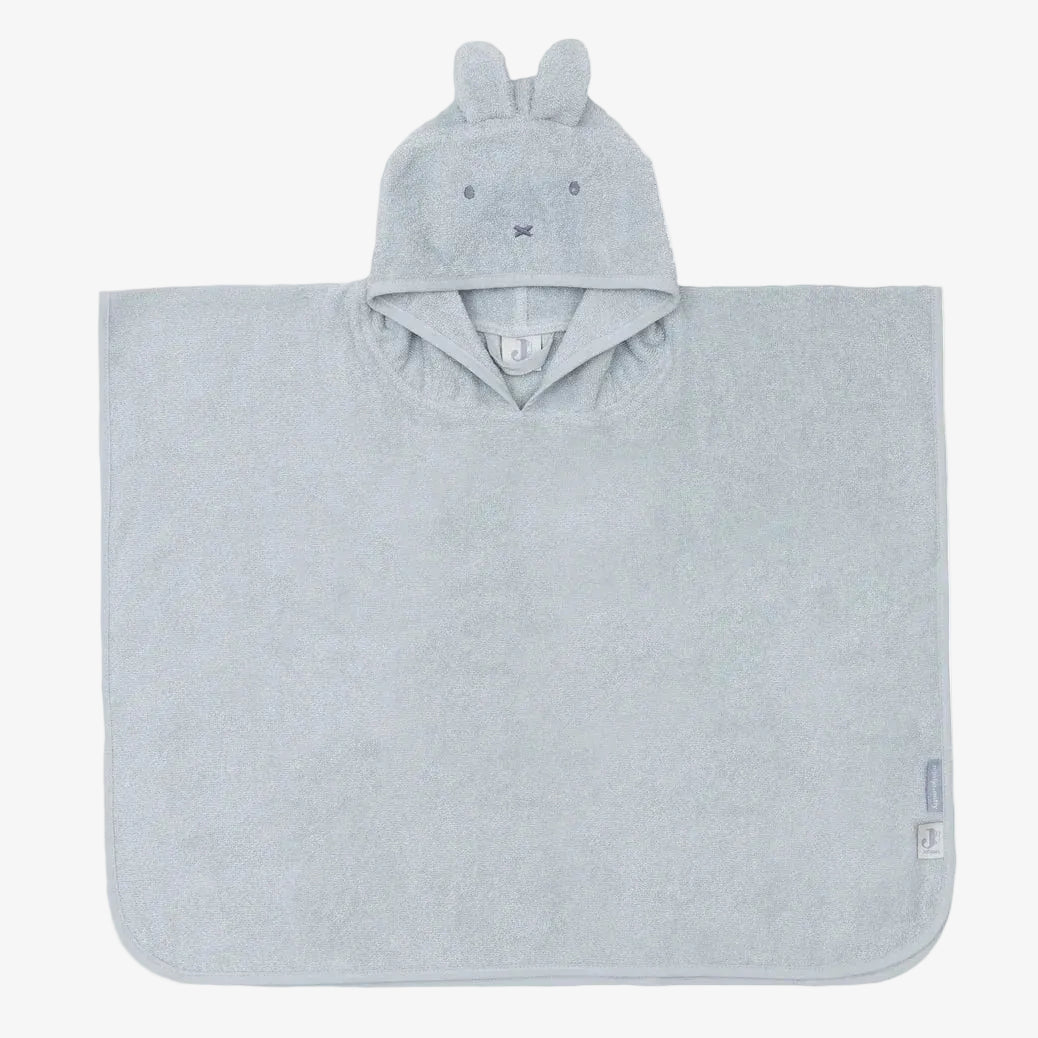 A light gray hooded towel or poncho with bunny ears on the hood, shown flat against a white background.