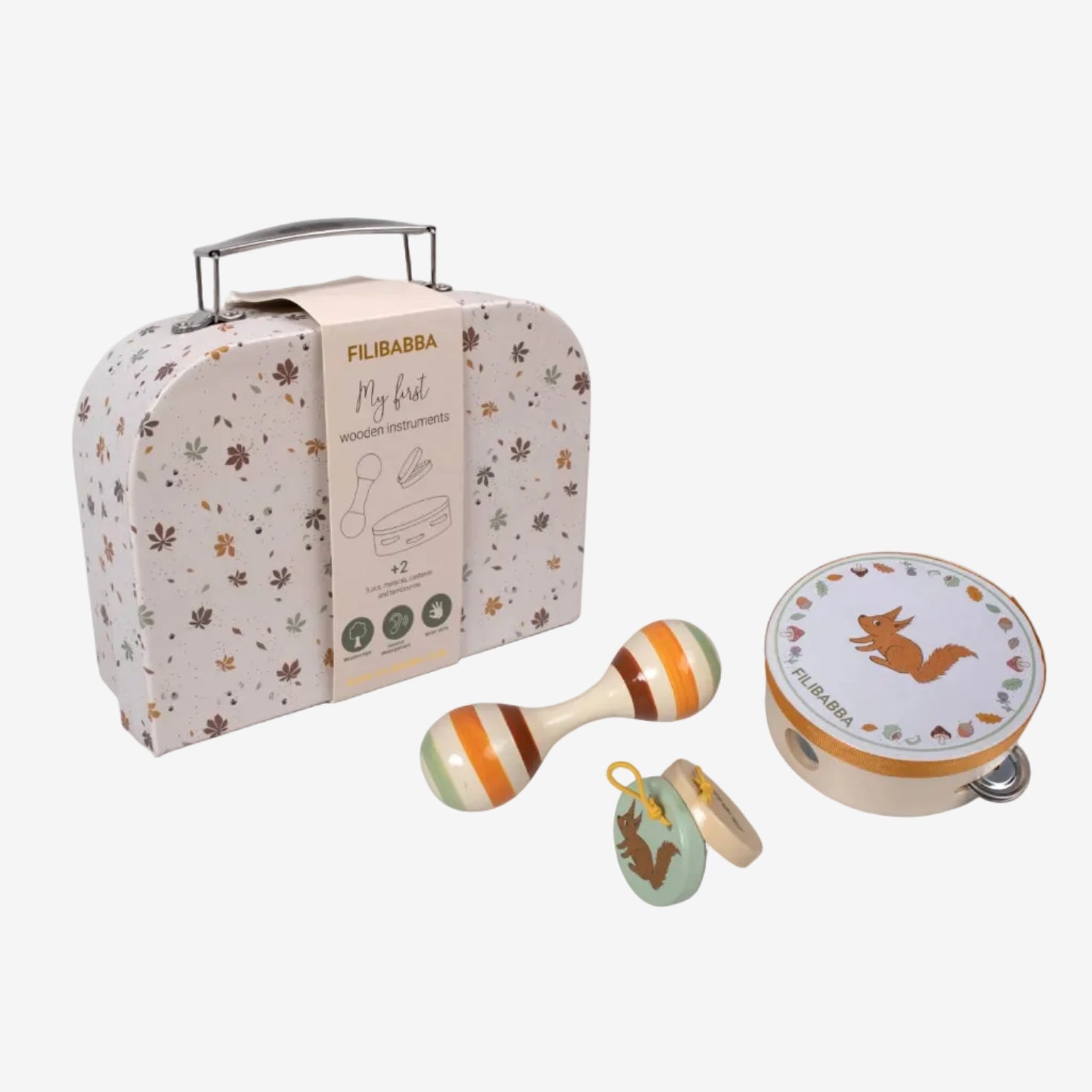 Set of wooden toys including a rattle, tambourine, and maraca with a matching storage case on a white background.
