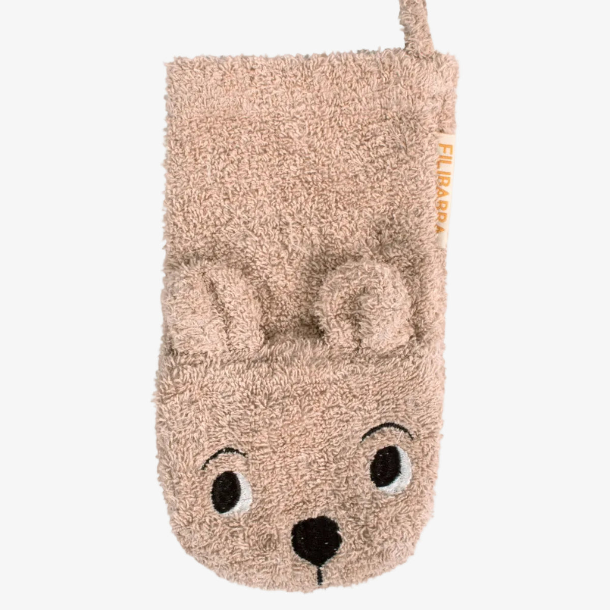 Fluffy beige oven mitt with a cartoon face design on a white background