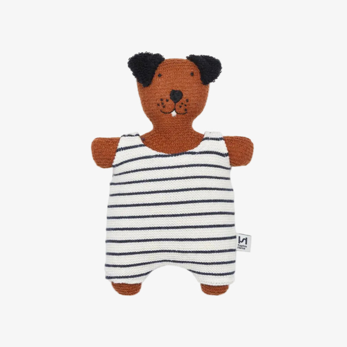 Knitted dog toy with black and white striped body on a white background