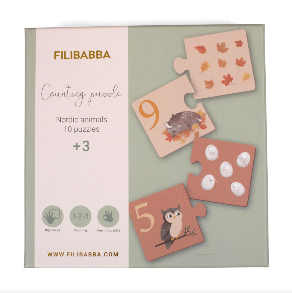 Filibabba counting puzzle packaging with puzzles and Nordic animals design on a light green background.