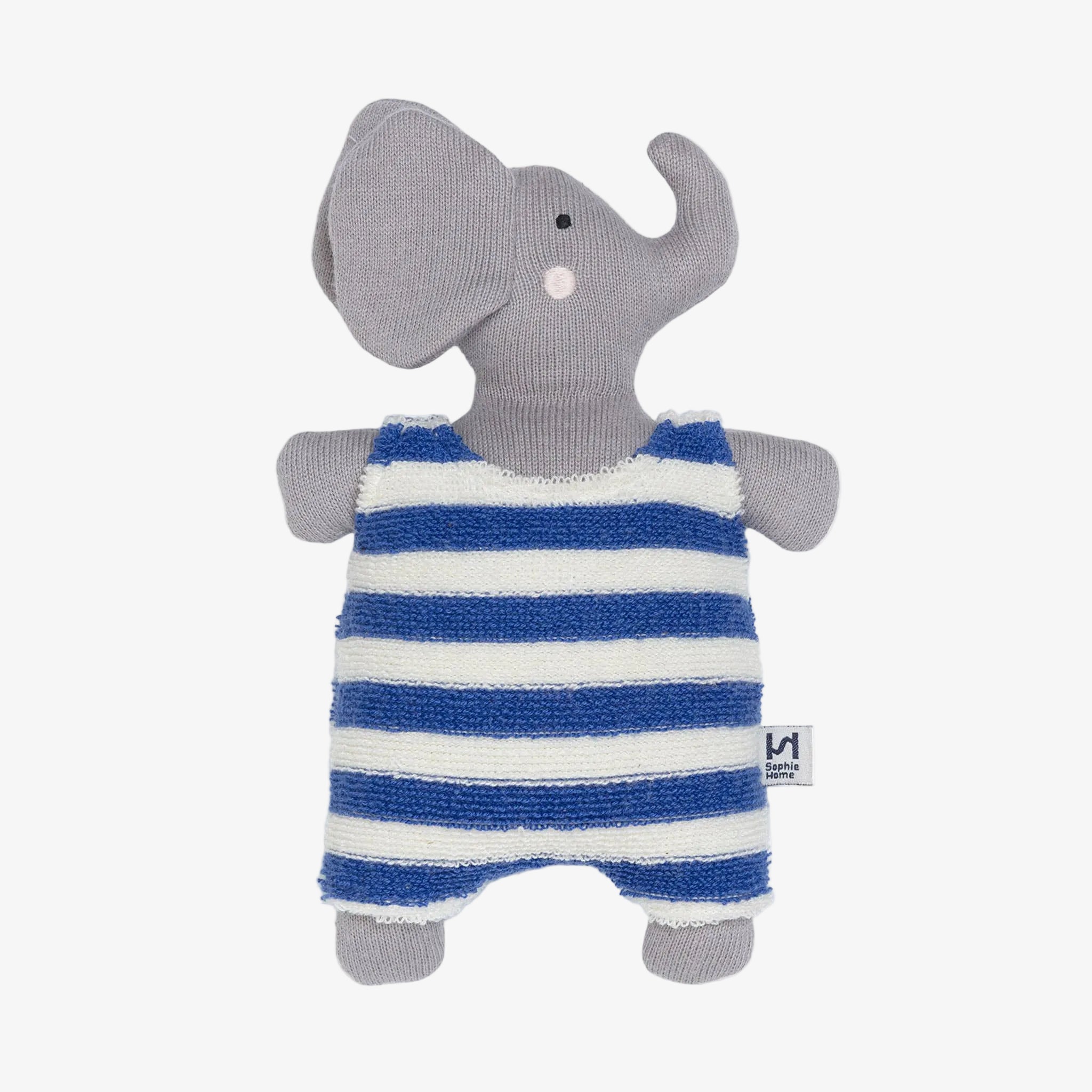 Gray elephant plush toy with a blue and white striped outfit on a white background
