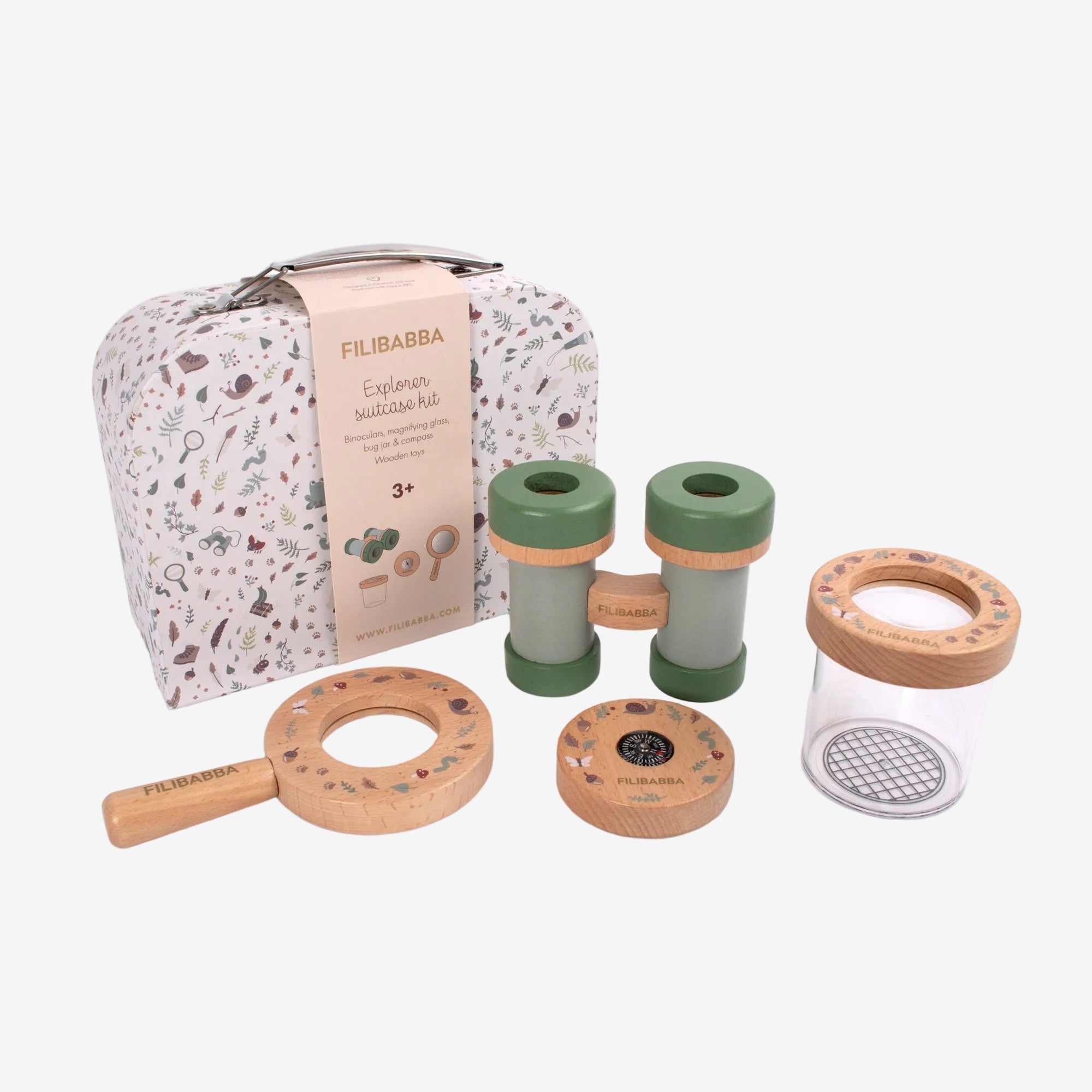 Filibabba exploration suitcase kit with various educational toys on a white background