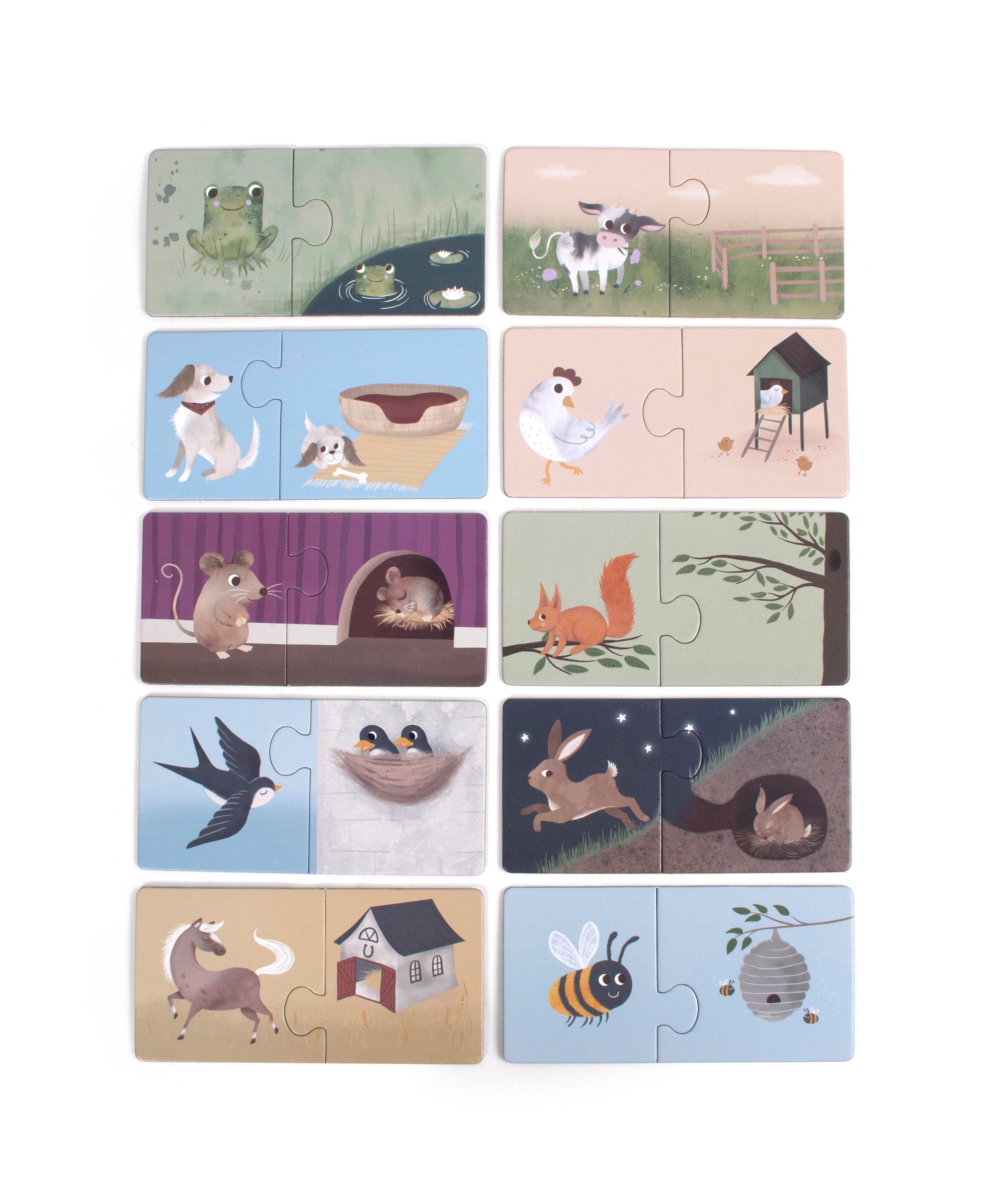 Set of nine children's puzzles with animal illustrations on a white background
