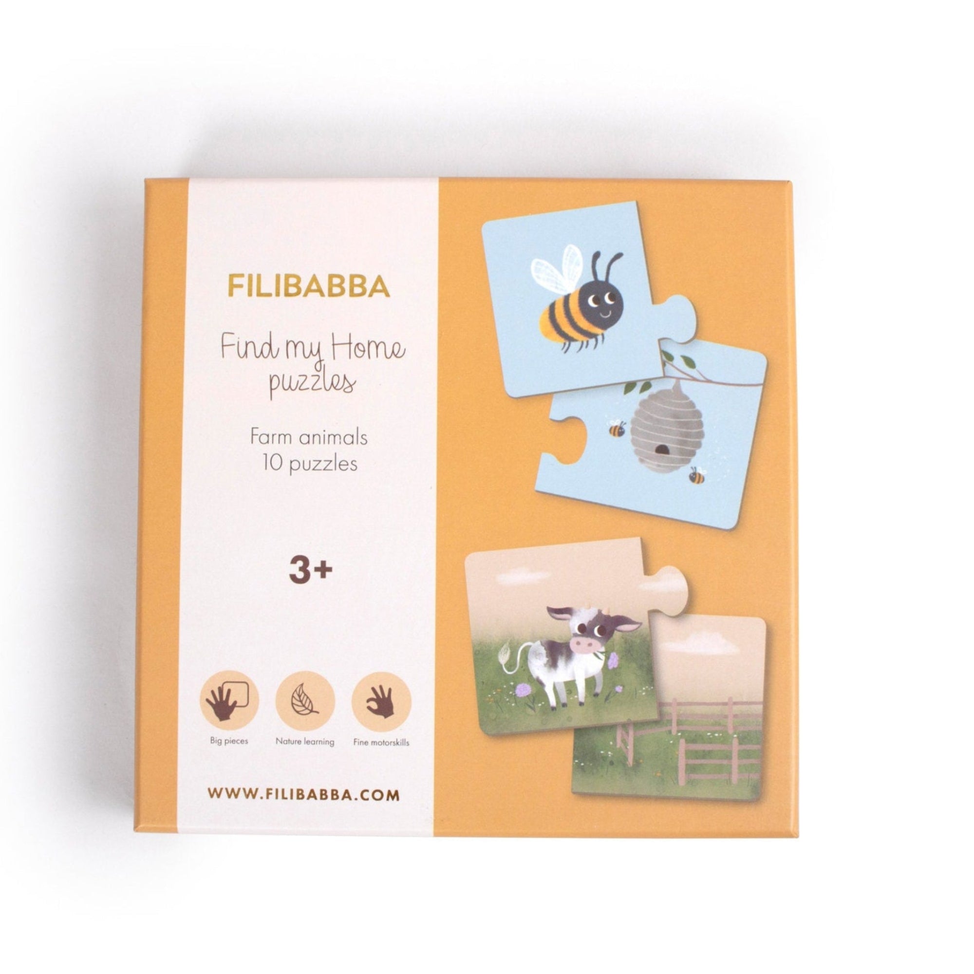 Filibabba puzzle packaging with farm animal illustrations on a white background