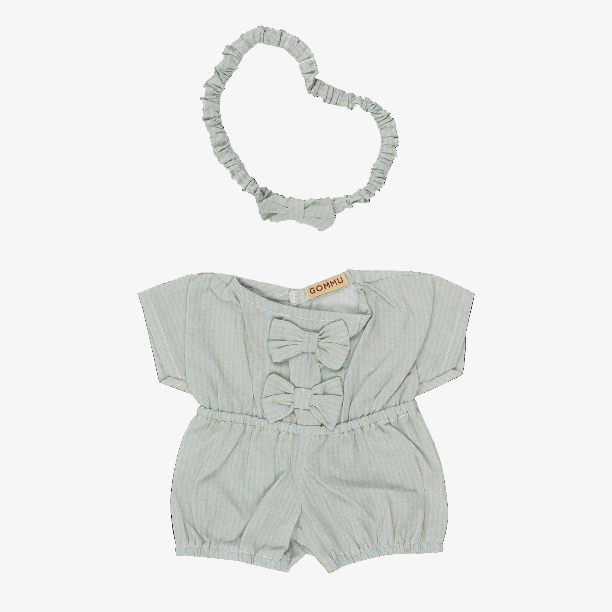 A baby romper set in a light sage green fabric, featuring a short-sleeve romper with a ruffled bow at the back neckline and a matching ruffled headband, laid flat on a white background. 