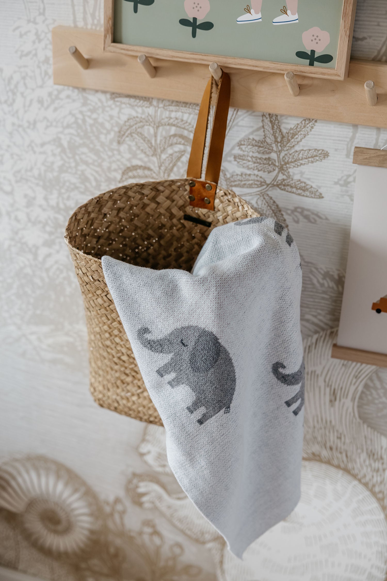 Knitted Baby Blanket, Elephants - White