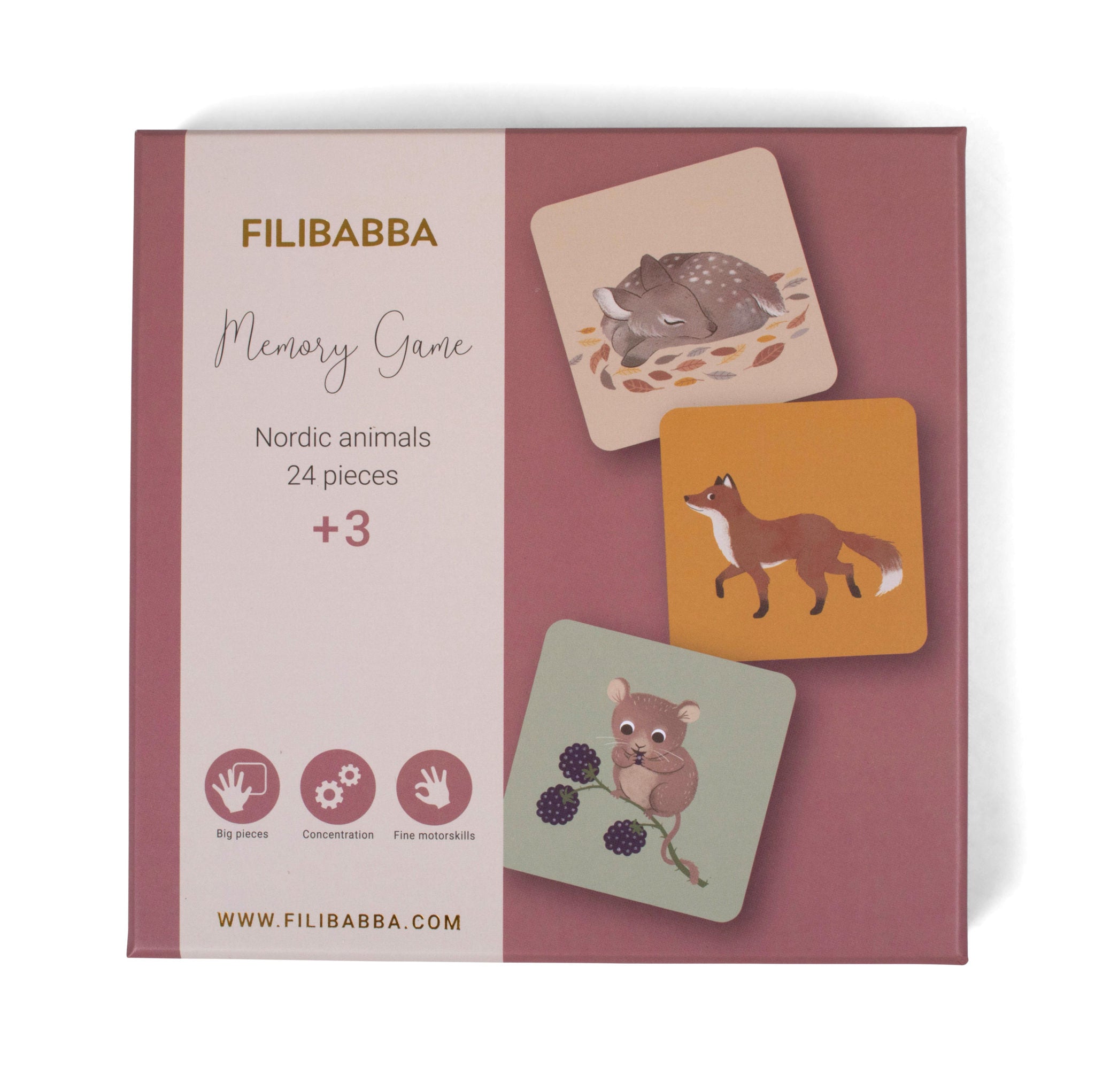 Filibabba memory game packaging with Nordic animal illustrations on a pink background