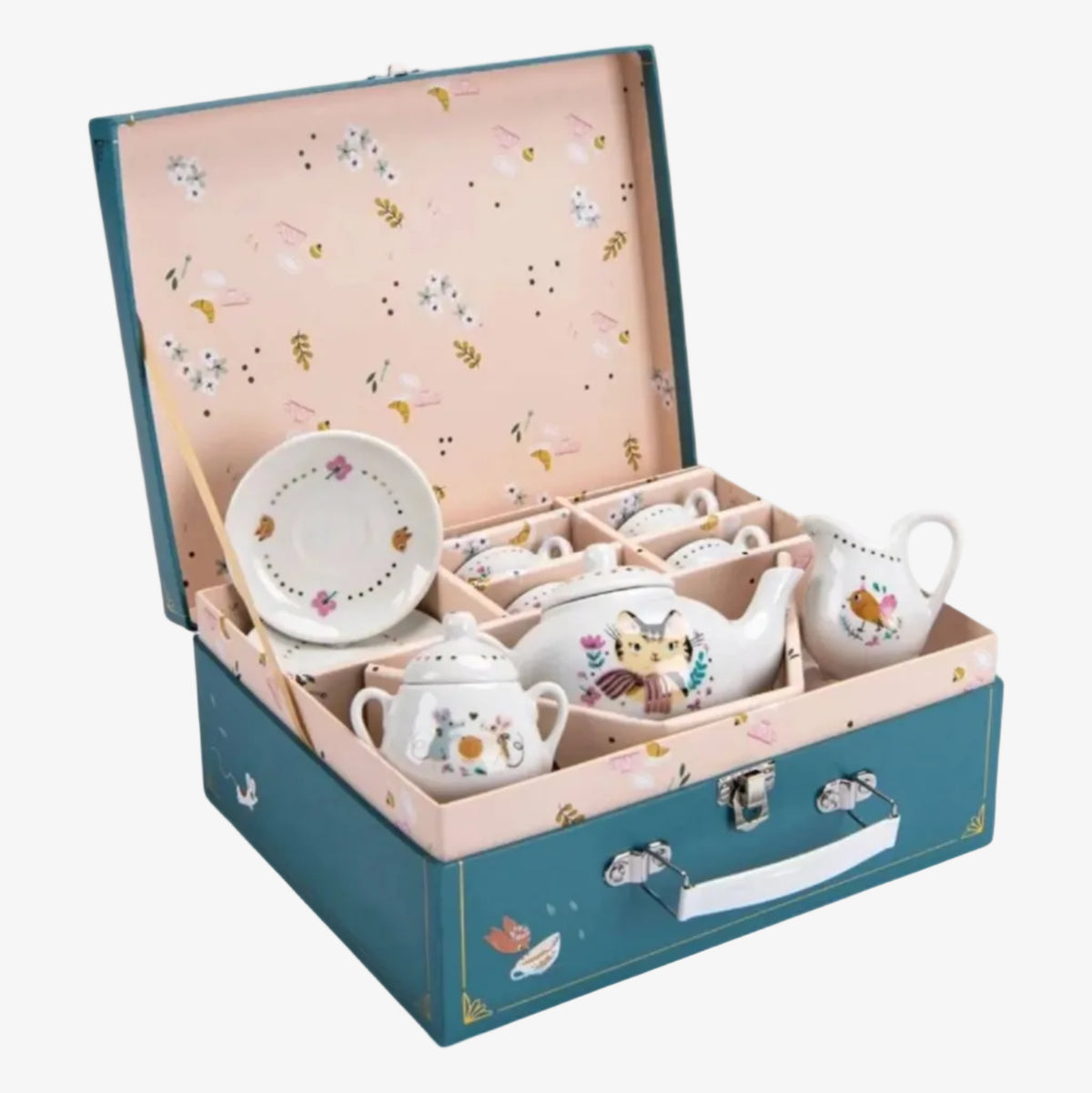 A children's tea time set inside a decorative teal metal suitcase with a pink floral interior. The set includes white ceramic teapot, cups, saucers, and a small teapot with floral illustrations, arranged in compartments. 