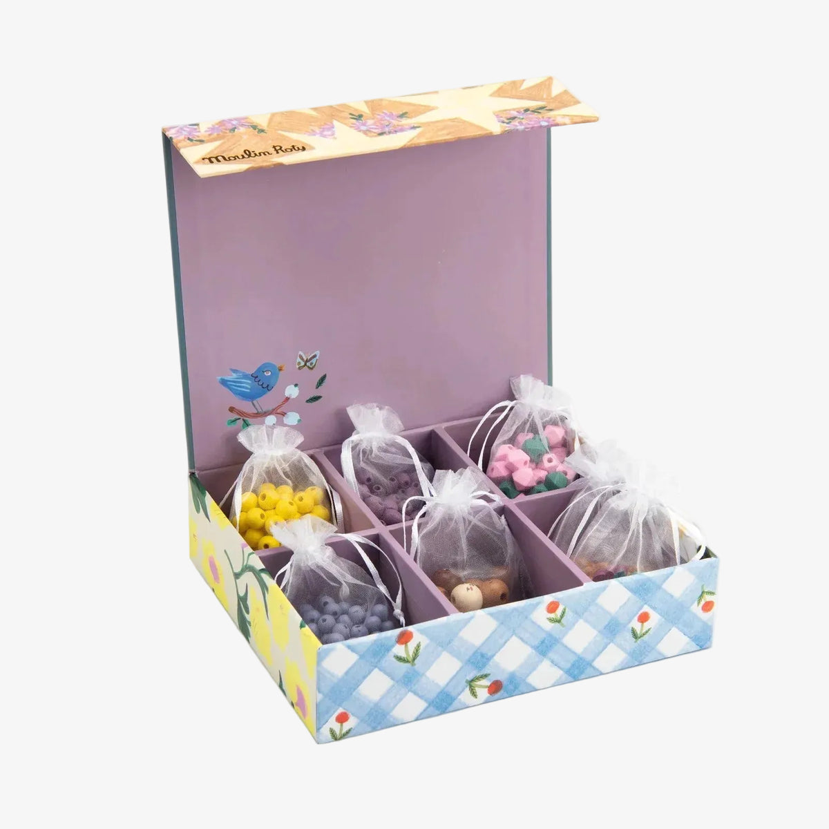 A gift box of assorted mini bagel wraps from Sweet Bun Bake, featuring a blue and white gingham patterned base with floral accents and a lavender interior. The box is open to reveal six small clear bags filled with colorful bagels in yellow, purple, pink, and brown, set against a plain white background. 