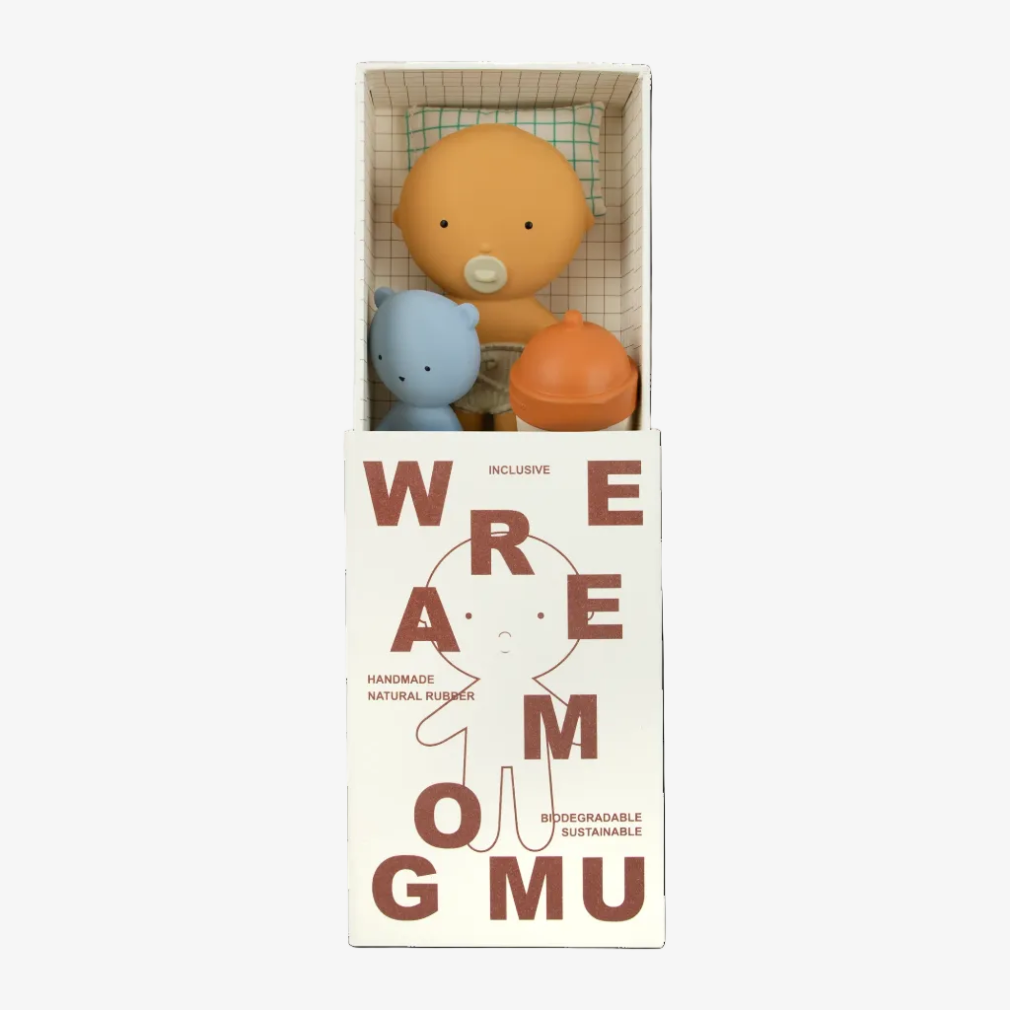 Two toy figures, one orange and one blue, in a box with 'Wreamong Mu' branding on a white background.