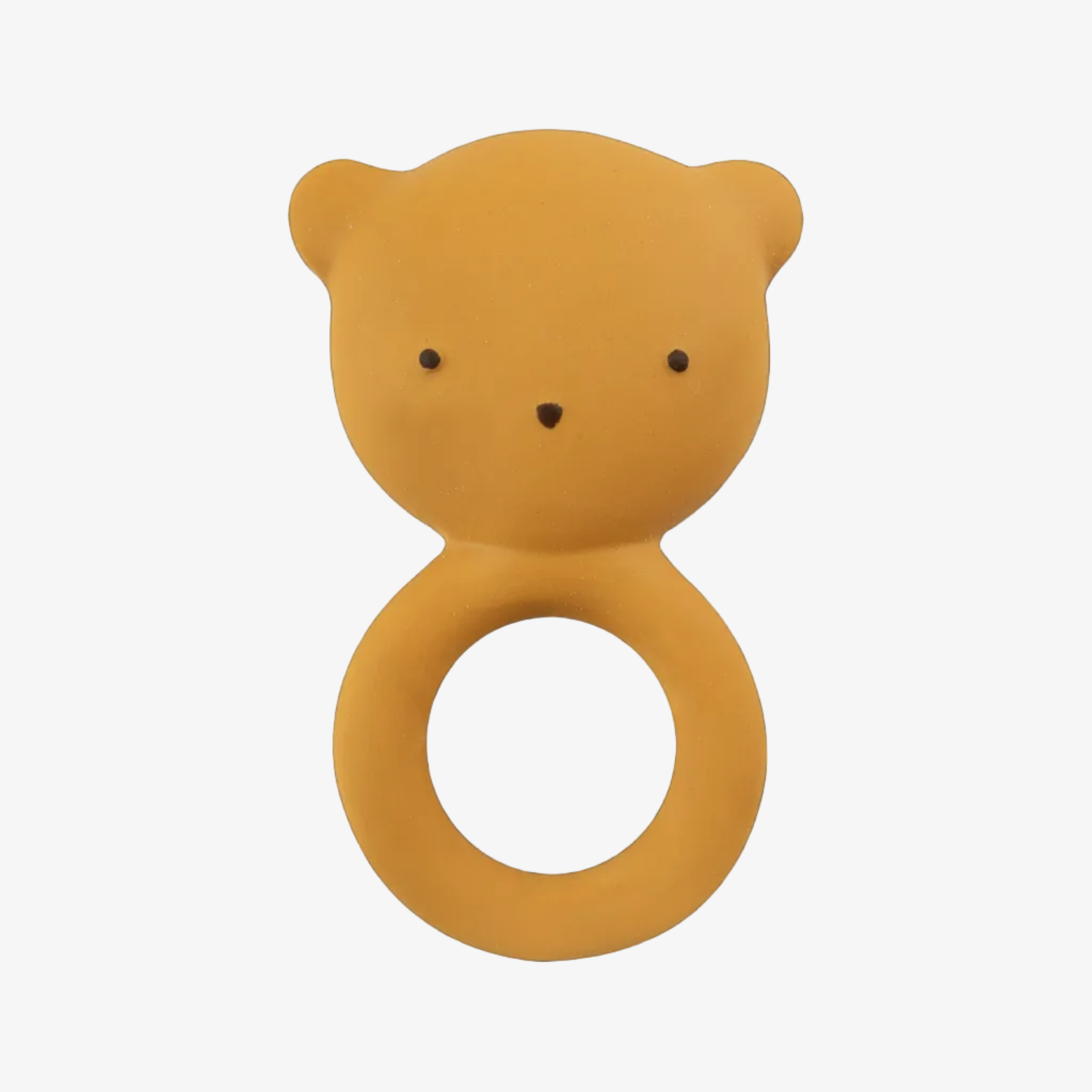 Yellow bear-shaped teething ring on a white background