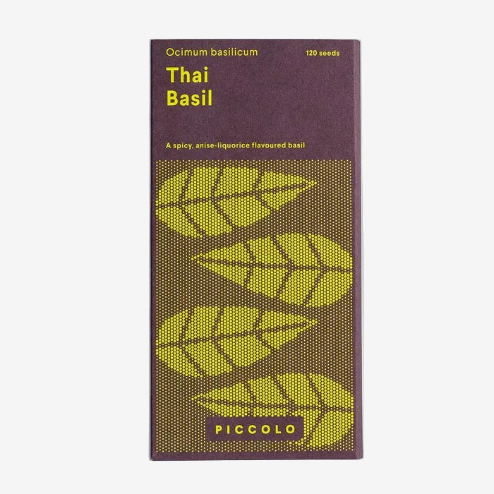 Seeds packet for Thai Basil with green leaves design on a purple background