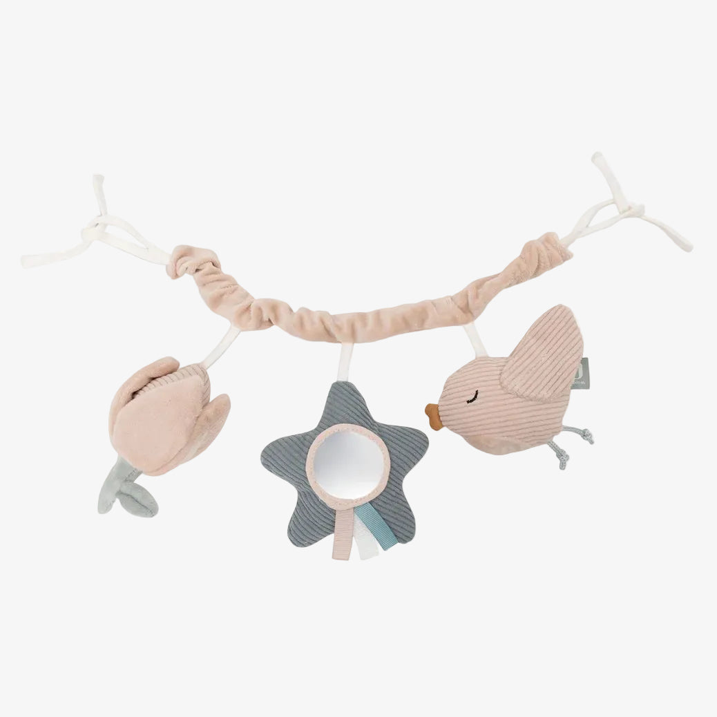 Children's mobile with star, bird, and cloud shapes on a white background