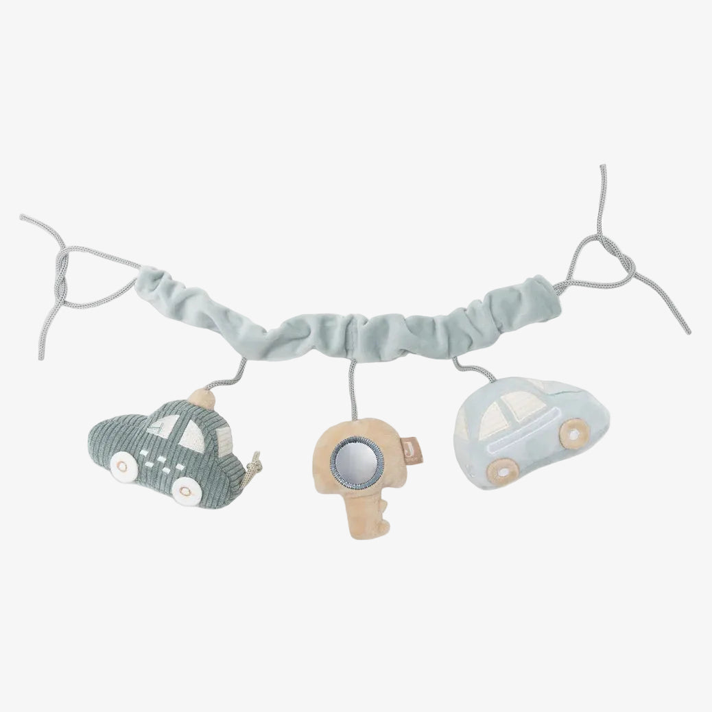 String of toy cars on a white background